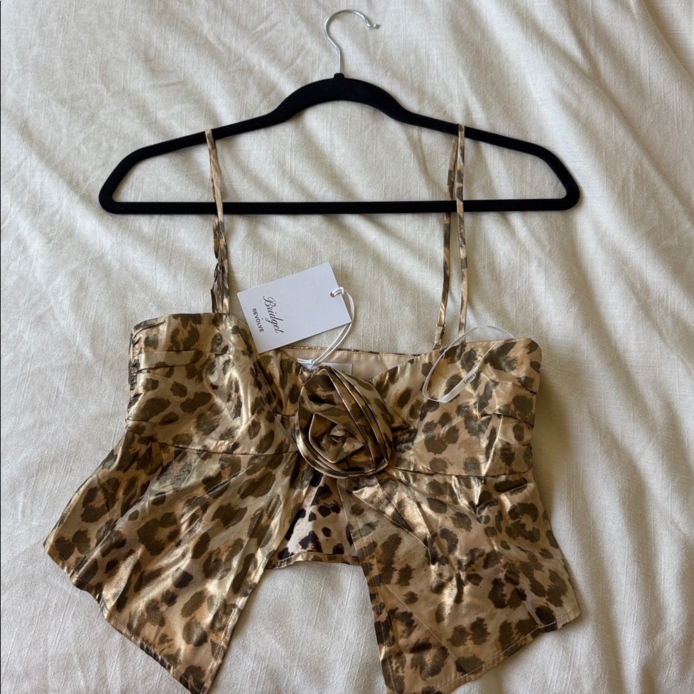 NWT Revolve Leopard Print Satin Camisole Top with Rosette Accent - Picture 2 of 4
